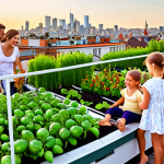 **Prompt 1: Family Rooftop Garden - Joyful Urban Oasis**
    "A vibrant, multi-generational family (parents and young children) enjoying a lush rooftop garden in a modern European city during golden hour. Children are happily engaged with raised vegetable beds, picking ripe tomatoes or strawberries, while parents relax on comfortable outdoor lounge furniture. The garden is bursting with diverse, colorful flowers, fragrant herbs, and green foliage. A panoramic city skyline stretches in the background, subtly highlighting the urban setting. The atmosphere is joyful, serene, and full of natural light, showcasing a perfect family haven above the city."