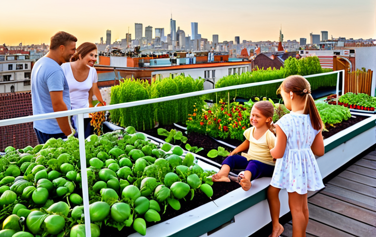 **Prompt 1: Family Rooftop Garden - Joyful Urban Oasis**
"A vibrant, multi-generational family (parents and young children) enjoying a lush rooftop garden in a modern European city during golden hour. Children are happily engaged with raised vegetable beds, picking ripe tomatoes or strawberries, while parents relax on comfortable outdoor lounge furniture. The garden is bursting with diverse, colorful flowers, fragrant herbs, and green foliage. A panoramic city skyline stretches in the background, subtly highlighting the urban setting. The atmosphere is joyful, serene, and full of natural light, showcasing a perfect family haven above the city."