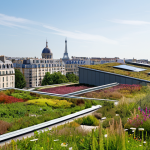 A vast, thriving extensive green roof atop a contemporary building in a French city, showcasing a rich tapestry of native French plants. The roof is abundant with resilient sedums, various local grasses, and colorful wildflowers, creating a vibrant ecosystem for local pollinators. In the background, typical urban French architecture forms the cityscape under clear, natural daylight. The image emphasizes ecological integration and sustainable urban development. Professional landscape photography, high resolution, detailed, natural appearance, well-formed vegetation, natural colors, safe for work, appropriate content, fully clothed, modest, family-friendly.