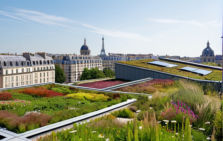 A vast, thriving extensive green roof atop a contemporary building in a French city, showcasing a rich tapestry of native French plants. The roof is abundant with resilient sedums, various local grasses, and colorful wildflowers, creating a vibrant ecosystem for local pollinators. In the background, typical urban French architecture forms the cityscape under clear, natural daylight. The image emphasizes ecological integration and sustainable urban development. Professional landscape photography, high resolution, detailed, natural appearance, well-formed vegetation, natural colors, safe for work, appropriate content, fully clothed, modest, family-friendly.