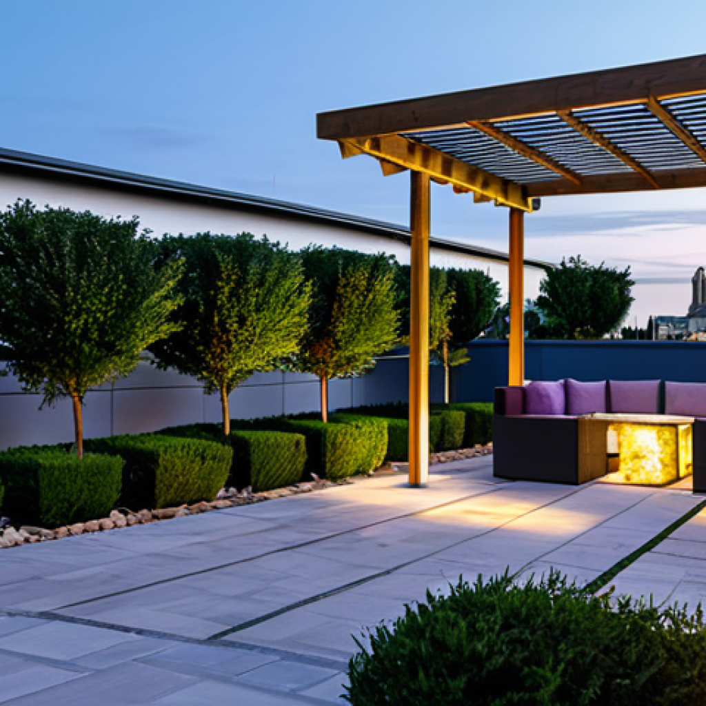 A beautifully designed, modern rooftop garden in a European city, featuring lush Mediterranean plants like lavender and rosemary, interspersed with elegant climbing roses. Natural stone pathways wind through the space, leading to a sophisticated seating area with a contemporary pergola. A subtle, serene water feature provides a calming ambiance, and discreet solar lights illuminate the area as dusk approaches. The urban skyline is visible in the background. The image should convey professional architectural photography, with perfect anatomy, correct proportions, and a natural composition. safe for work, appropriate content, fully clothed, professional.