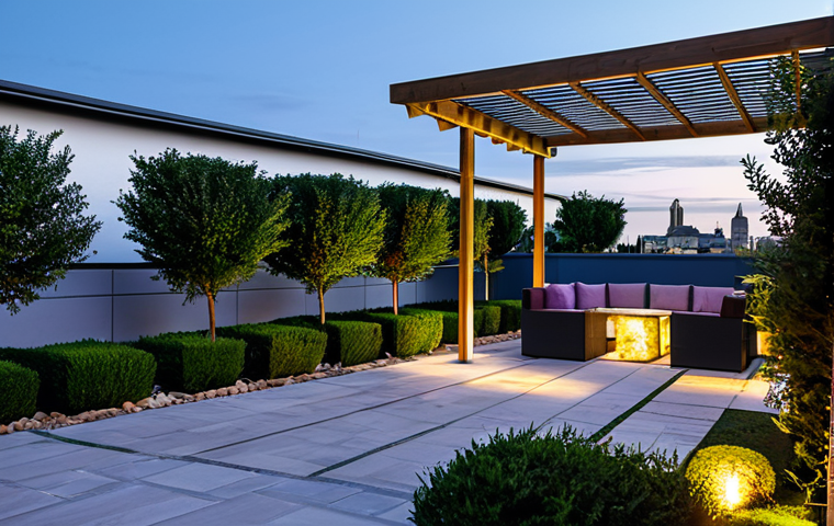 A beautifully designed, modern rooftop garden in a European city, featuring lush Mediterranean plants like lavender and rosemary, interspersed with elegant climbing roses. Natural stone pathways wind through the space, leading to a sophisticated seating area with a contemporary pergola. A subtle, serene water feature provides a calming ambiance, and discreet solar lights illuminate the area as dusk approaches. The urban skyline is visible in the background. The image should convey professional architectural photography, with perfect anatomy, correct proportions, and a natural composition. safe for work, appropriate content, fully clothed, professional.