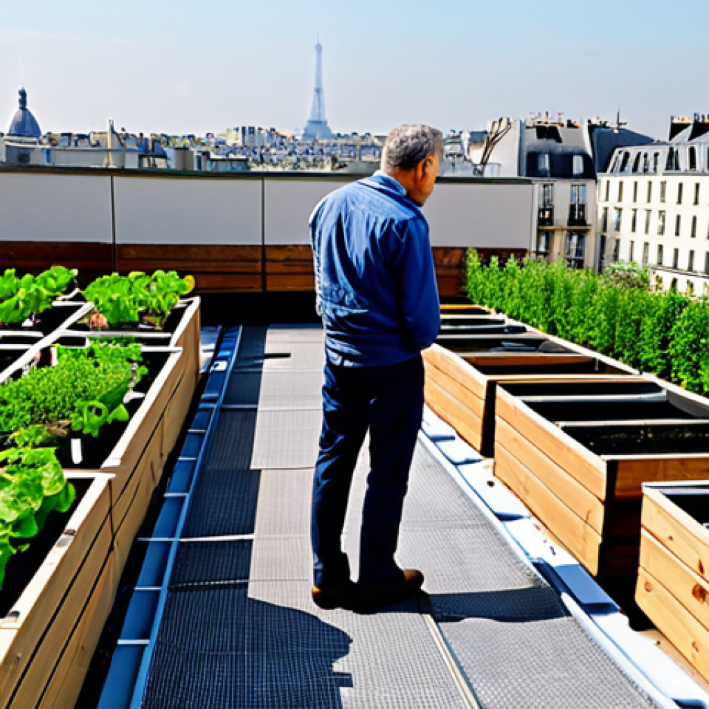 Rooftop Garden Assessment**

"A professional structural engineer, fully clothed in work attire, inspecting a flat rooftop garden. The garden has various planters and raised beds. Include tools like a level and measuring tape. Background: Parisian cityscape. Safe for work, appropriate content, professional, perfect anatomy, correct proportions, natural pose, fully clothed, modest clothing, daytime, high resolution, realistic."

**