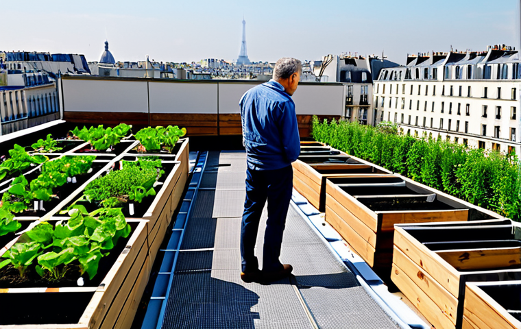 Rooftop Garden Assessment**
"A professional structural engineer, fully clothed in work attire, inspecting a flat rooftop garden. The garden has various planters and raised beds. Include tools like a level and measuring tape. Background: Parisian cityscape. Safe for work, appropriate content, professional, perfect anatomy, correct proportions, natural pose, fully clothed, modest clothing, daytime, high resolution, realistic."
**