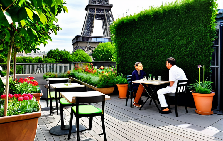옥상 정원 조경에서의 디자인 실수 피하기 - Urban Oasis**
A rooftop garden in Paris, France. Lush green plants, colorful flowers in terracotta ...