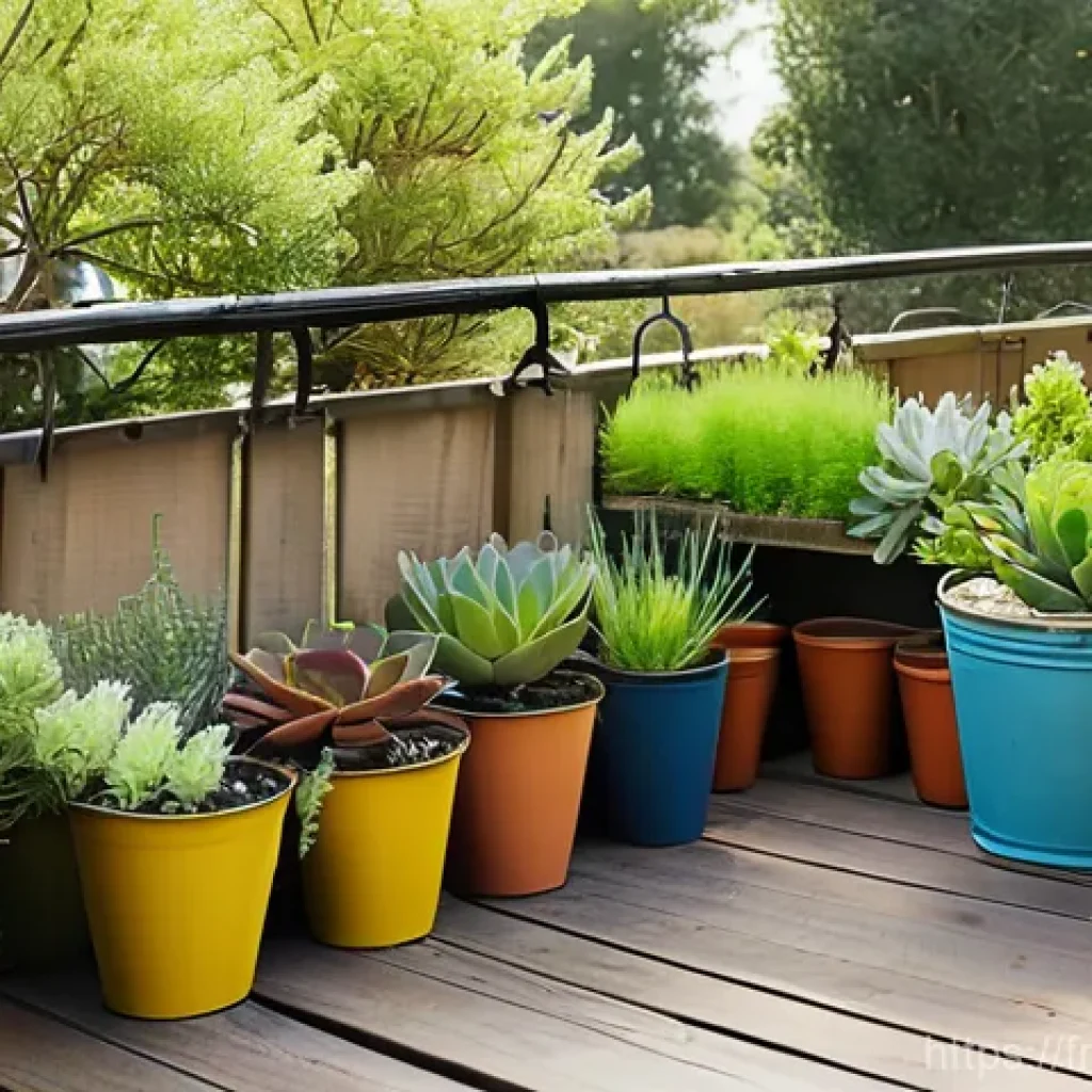 옥상 정원에서의 플라스틱 사용 줄이기 - **Prompt:** A cozy and abundant urban balcony garden, showcasing a variety of vibrant plants thrivin...
