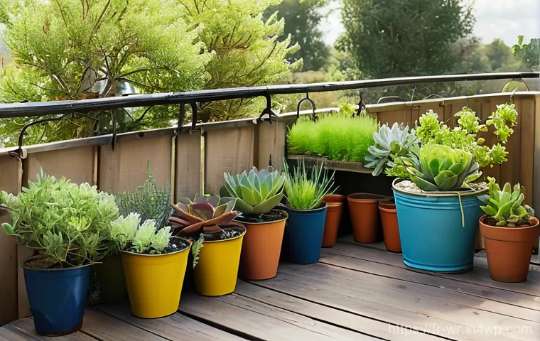 옥상 정원에서의 플라스틱 사용 줄이기 - **Prompt:** A cozy and abundant urban balcony garden, showcasing a variety of vibrant plants thrivin...