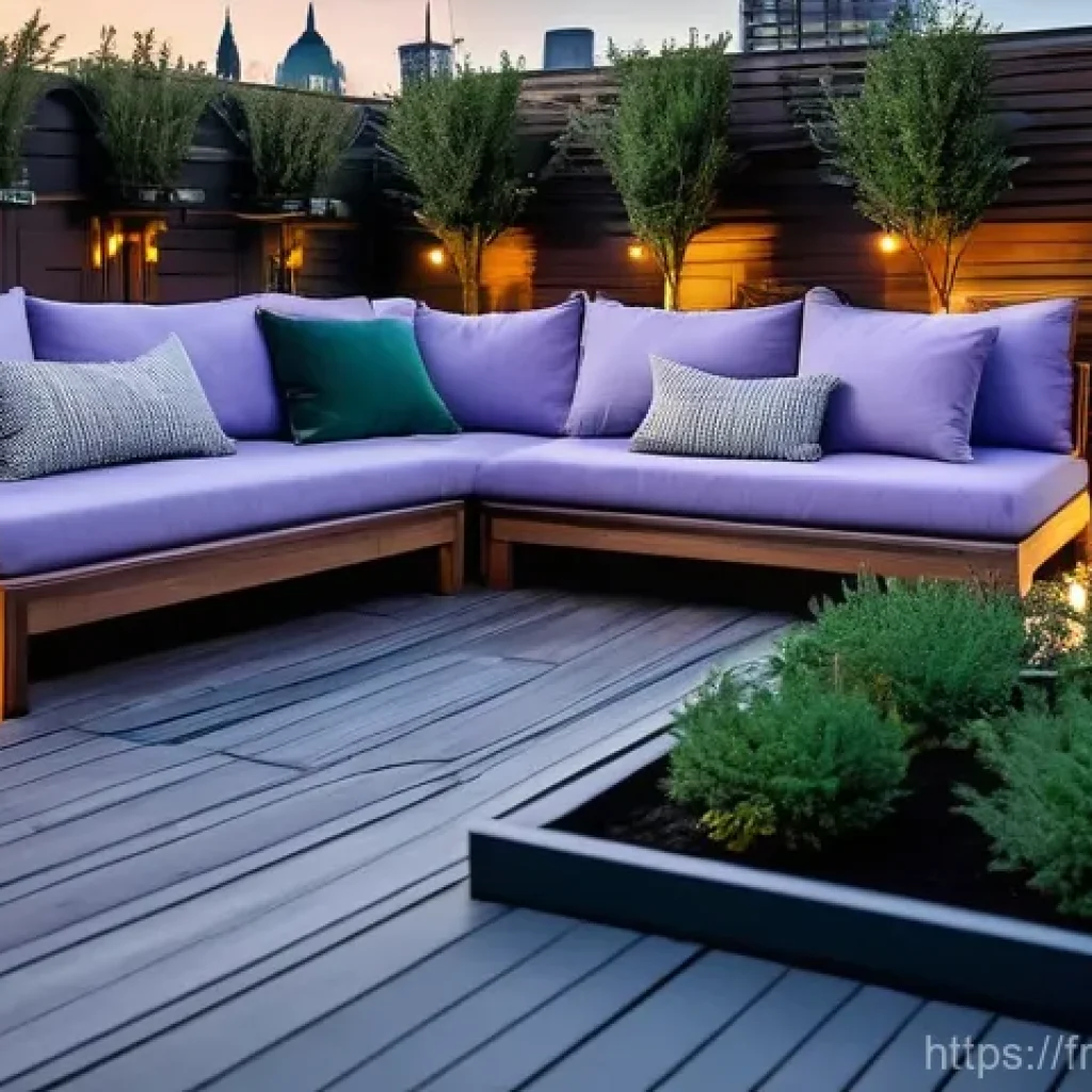 도심 속 옥상 정원 만들기 팁 - **A serene and inviting rooftop lounge garden at dusk.** The scene features comfortable, weather-res...