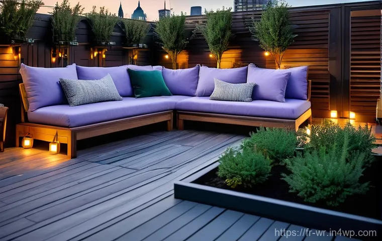 도심 속 옥상 정원 만들기 팁 - **A serene and inviting rooftop lounge garden at dusk.** The scene features comfortable, weather-res...