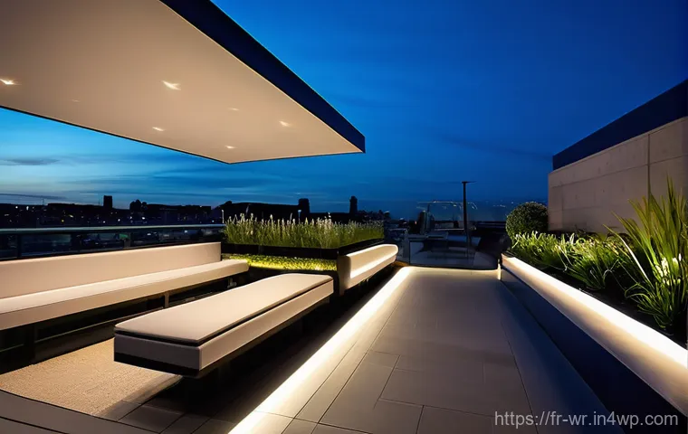 옥상 정원에 어울리는 조명 아이디어 - **Prompt 2: Serene Solar-Lit Plant Showcase**
    "A tranquil and elegantly designed rooftop garden ...