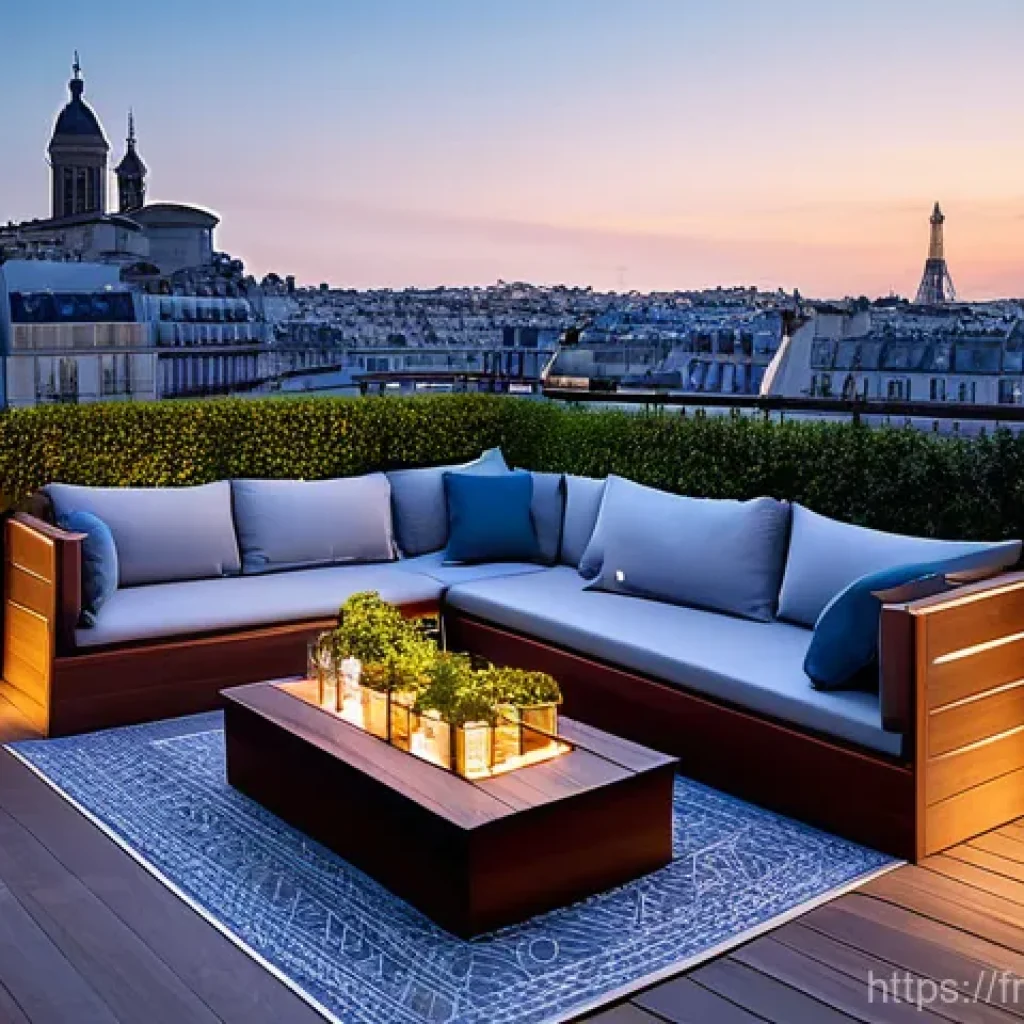 옥상 정원에서의 경관 관찰 공간 만들기 - A stunning, luxurious rooftop terrace in a French city, bathed in the soft glow of dusk. The floorin...