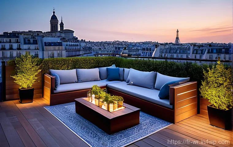 옥상 정원에서의 경관 관찰 공간 만들기 - A stunning, luxurious rooftop terrace in a French city, bathed in the soft glow of dusk. The floorin...