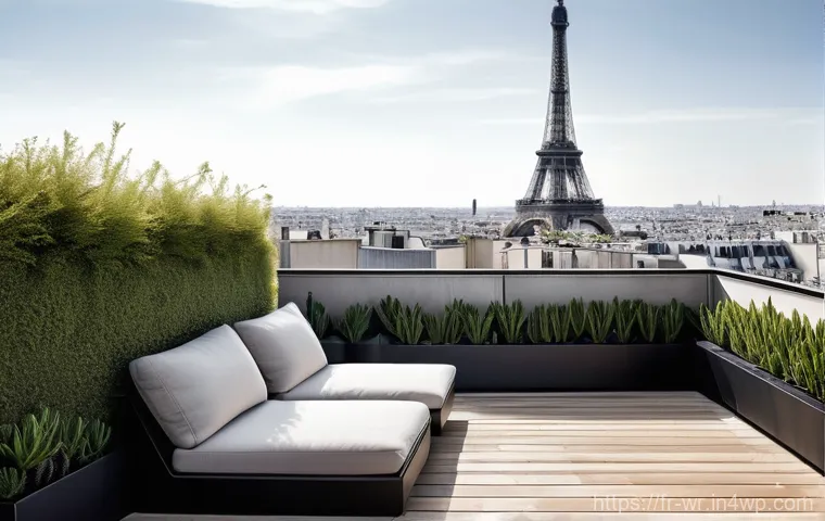 옥상 정원에서의 경관 관찰 공간 만들기 - A vibrant and inviting rooftop dining area on a sunny afternoon in a French metropolis. The expansiv...