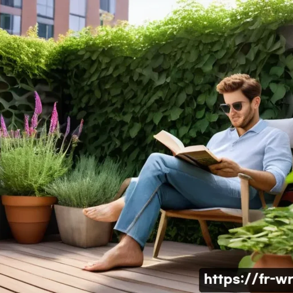 옥상 정원에서의 여름철 더위 대응 전략 - **"A serene rooftop garden oasis in a city. The scene captures a shaded lounge area created by light...
