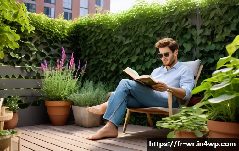 옥상 정원에서의 여름철 더위 대응 전략 - **"A serene rooftop garden oasis in a city. The scene captures a shaded lounge area created by light...