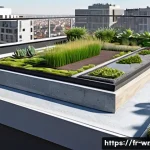 Home 19 옥상 정원의 물리적 구조 설계 원칙 - A detailed cross-sectional illustration of a modern urban rooftop garden showcasing multiple layers:...
