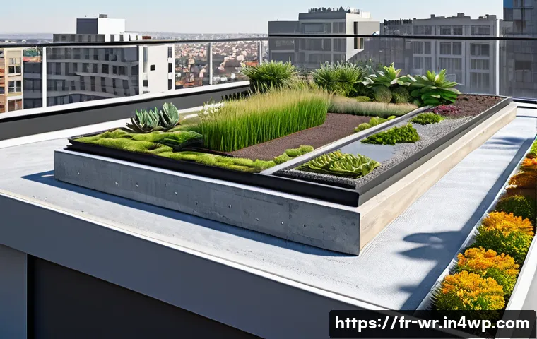 옥상 정원의 물리적 구조 설계 원칙 - A detailed cross-sectional illustration of a modern urban rooftop garden showcasing multiple layers:...