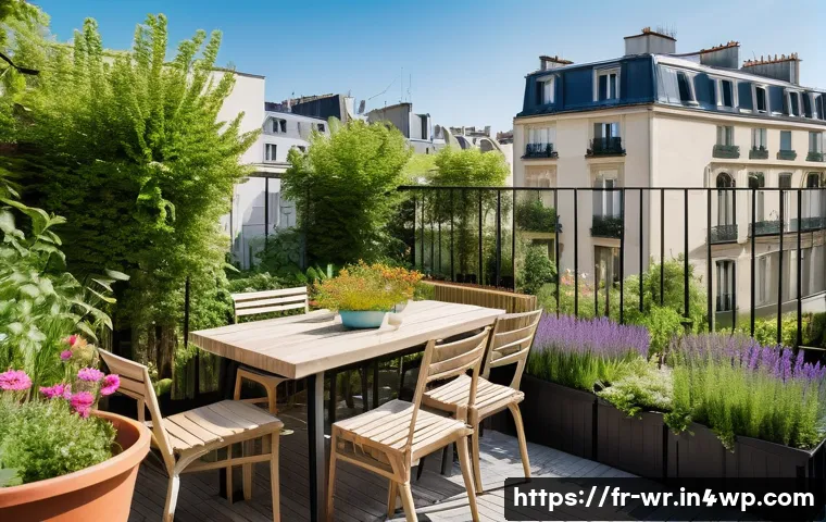 옥상 정원 조성의 경제적 이점 - A vibrant rooftop garden in a dense Parisian urban setting during springtime, featuring lush green p...