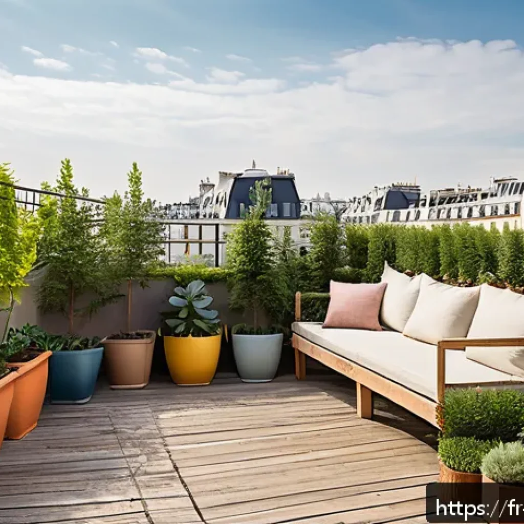옥상 정원에서의 다양한 경관 연출 방법 - A vibrant rooftop garden in Paris featuring a variety of Mediterranean and local plants such as lava...