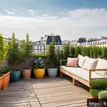 Home 23 옥상 정원에서의 다양한 경관 연출 방법 - A vibrant rooftop garden in Paris featuring a variety of Mediterranean and local plants such as lava...