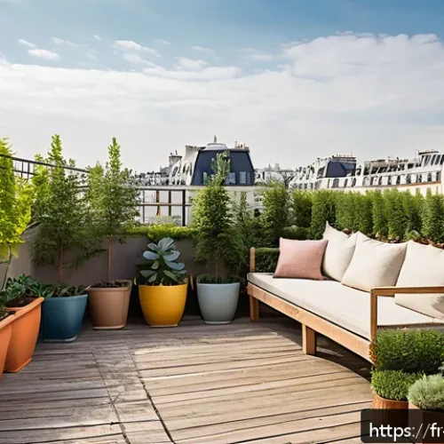 Home 17 옥상 정원에서의 다양한 경관 연출 방법 - A vibrant rooftop garden in Paris featuring a variety of Mediterranean and local plants such as lava...