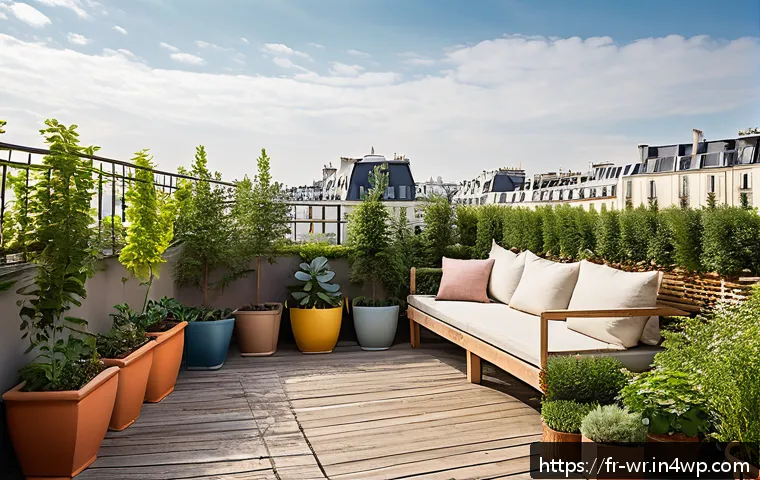 옥상 정원에서의 다양한 경관 연출 방법 - A vibrant rooftop garden in Paris featuring a variety of Mediterranean and local plants such as lava...
