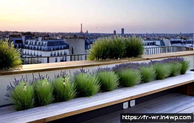 옥상 정원 벤치 마킹 아이디어 - Photorealistic Paris apartment rooftop garden featuring a long weathered oak bench positioned along ...