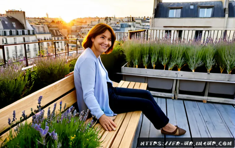 Home 17 옥상 정원과 심리적 편안함의 관계 - Photorealistic rooftop garden in a Paris apartment building at early morning, a relaxed middle-aged ...