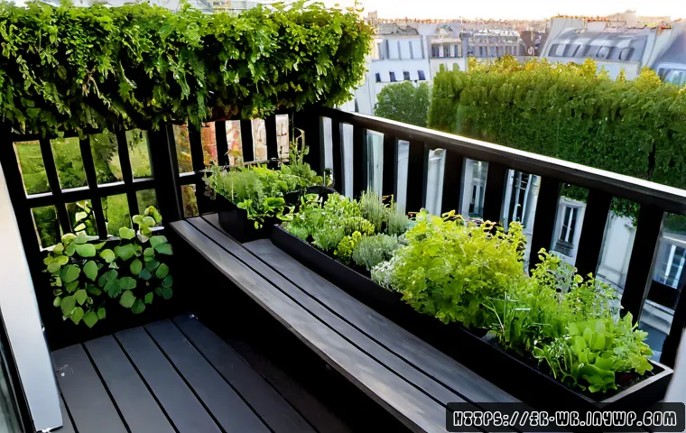 옥상 정원에서의 공간 최적화 전략 - Photorealistic Paris apartment rooftop garden designed for maximum use of a compact space, slim rais...