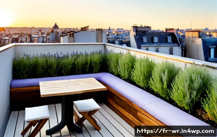 Home 17 옥상 정원에서의 공간 활용 극대화 전략 - Photorealistic compact Paris rooftop garden optimized for maximum space, vertical herb wall, slim ra...