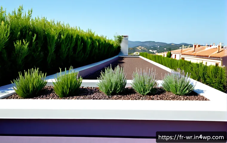 Home 17 옥상 정원 설계에 영향을 미치는 기후 조건 - Photorealistic rooftop garden on a modern apartment building in southern France, drought-tolerant la...