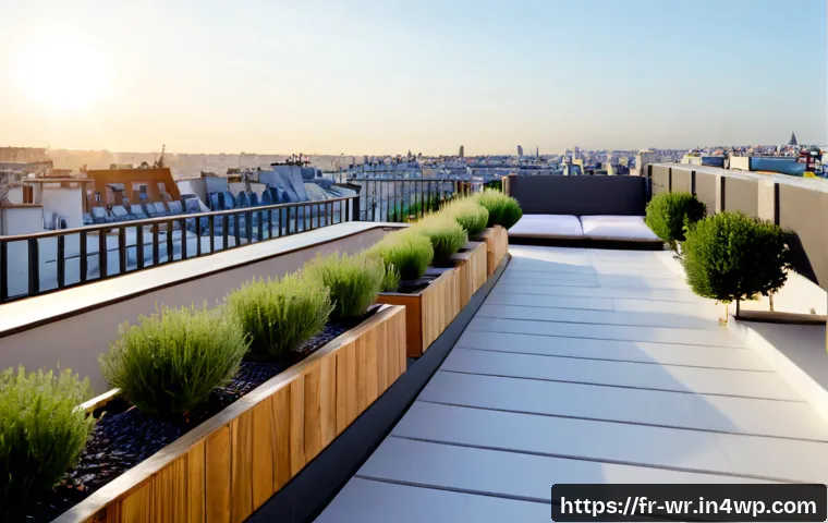 옥상 정원에서 활용할 수 있는 조경 요소 - Photorealistic rooftop garden on a Parisian apartment building, elegant raised timber planters fille...